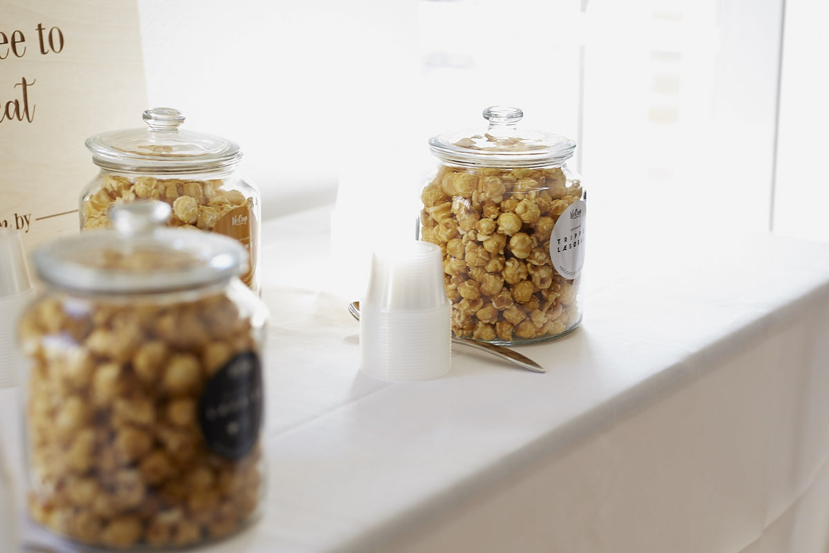Lille Eksklusiv Popcorn Buffet m. 5 varianter gourmet popcorn inkl. glaskrukker
